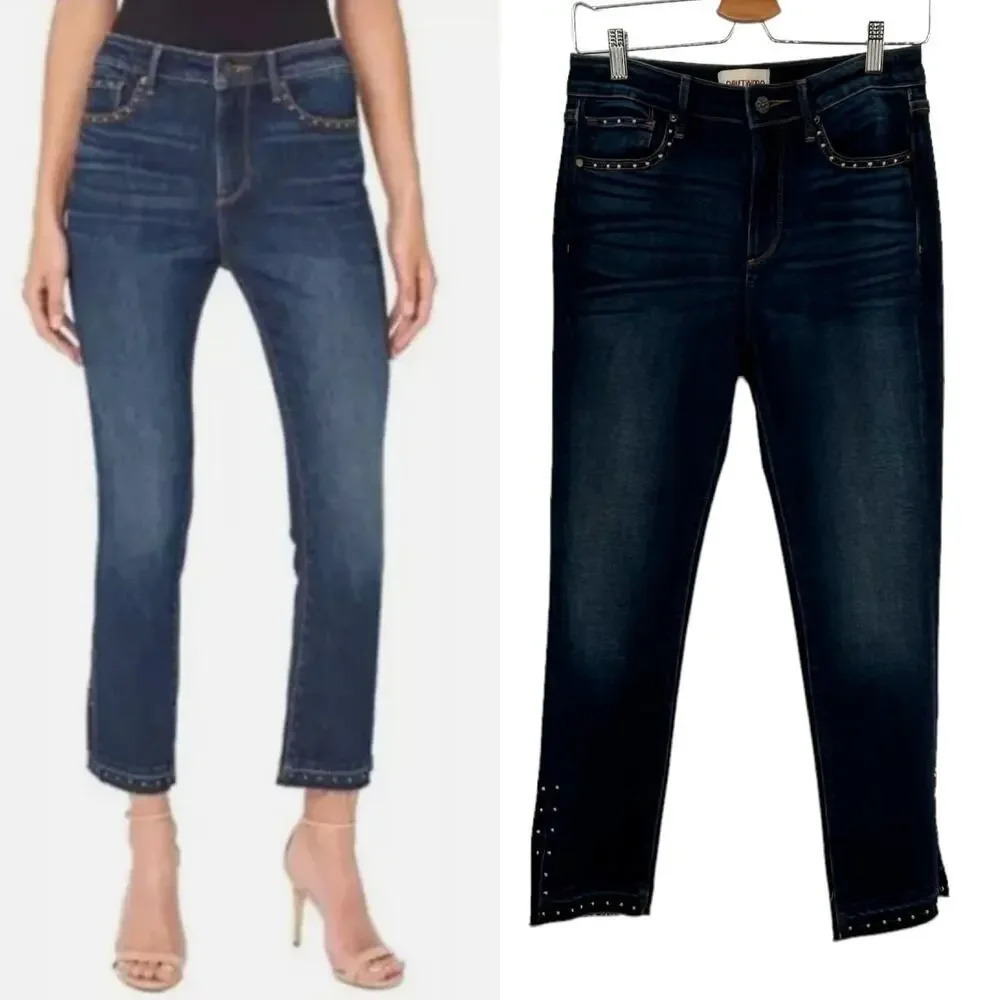 Driftwood Amelia Dark Blue Jeans Cropped‎ Straight Studded Raw Hem Jeans Size 27